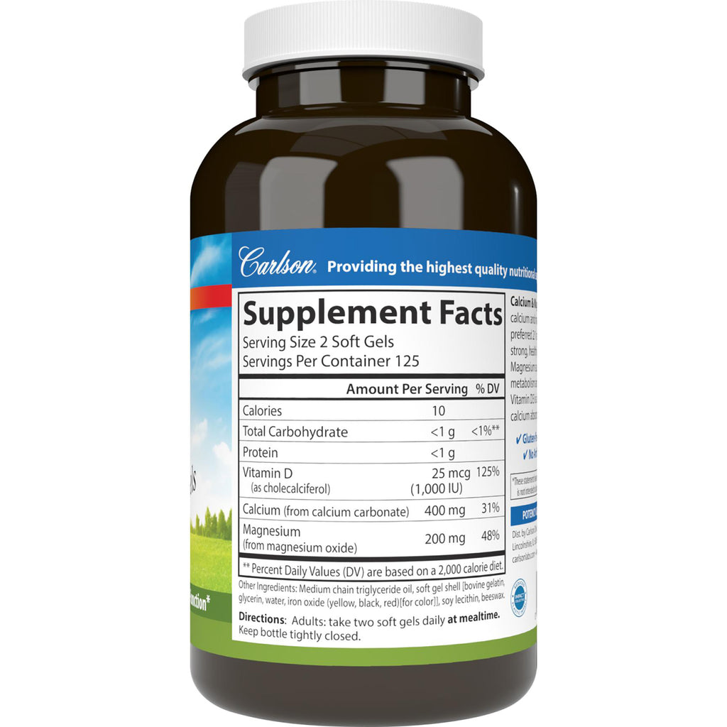 Supplement Facts panel and directions on back of a brown Carlson supplement bottle - Thumbnail