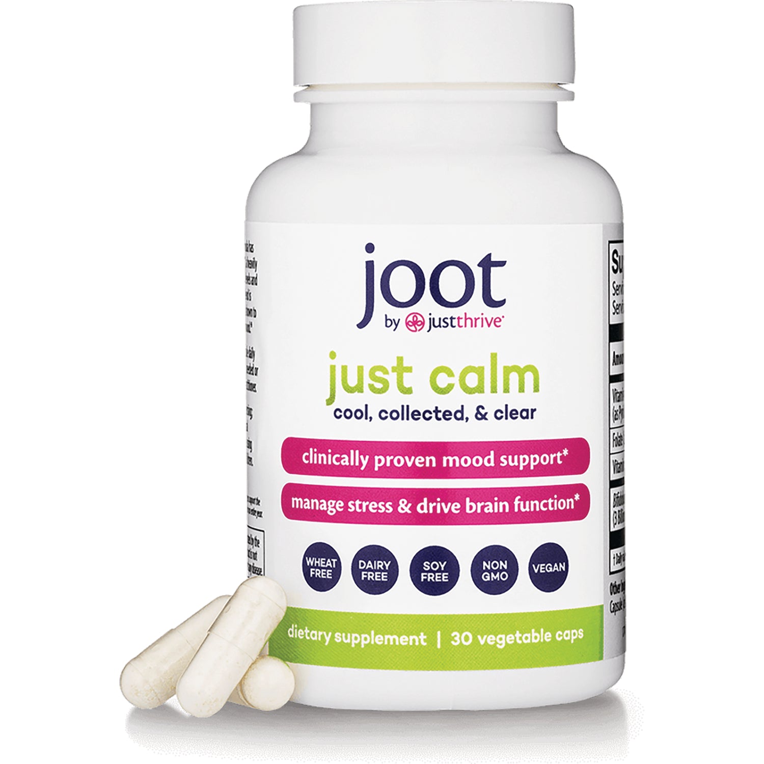 JTR013 | Joot just calm dietary supplement bottle labeled 30 vegetable caps with three white capsules