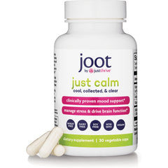 JTR013 | Joot just calm dietary supplement bottle labeled 30 vegetable caps with three white capsules