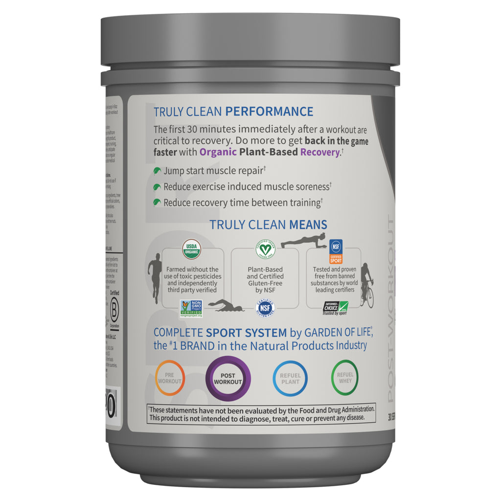 GLF231 | Back label of recovery supplement tub showing TRULY CLEAN PERFORMANCE claims, certification icons, and usage graphics - Thumbnail