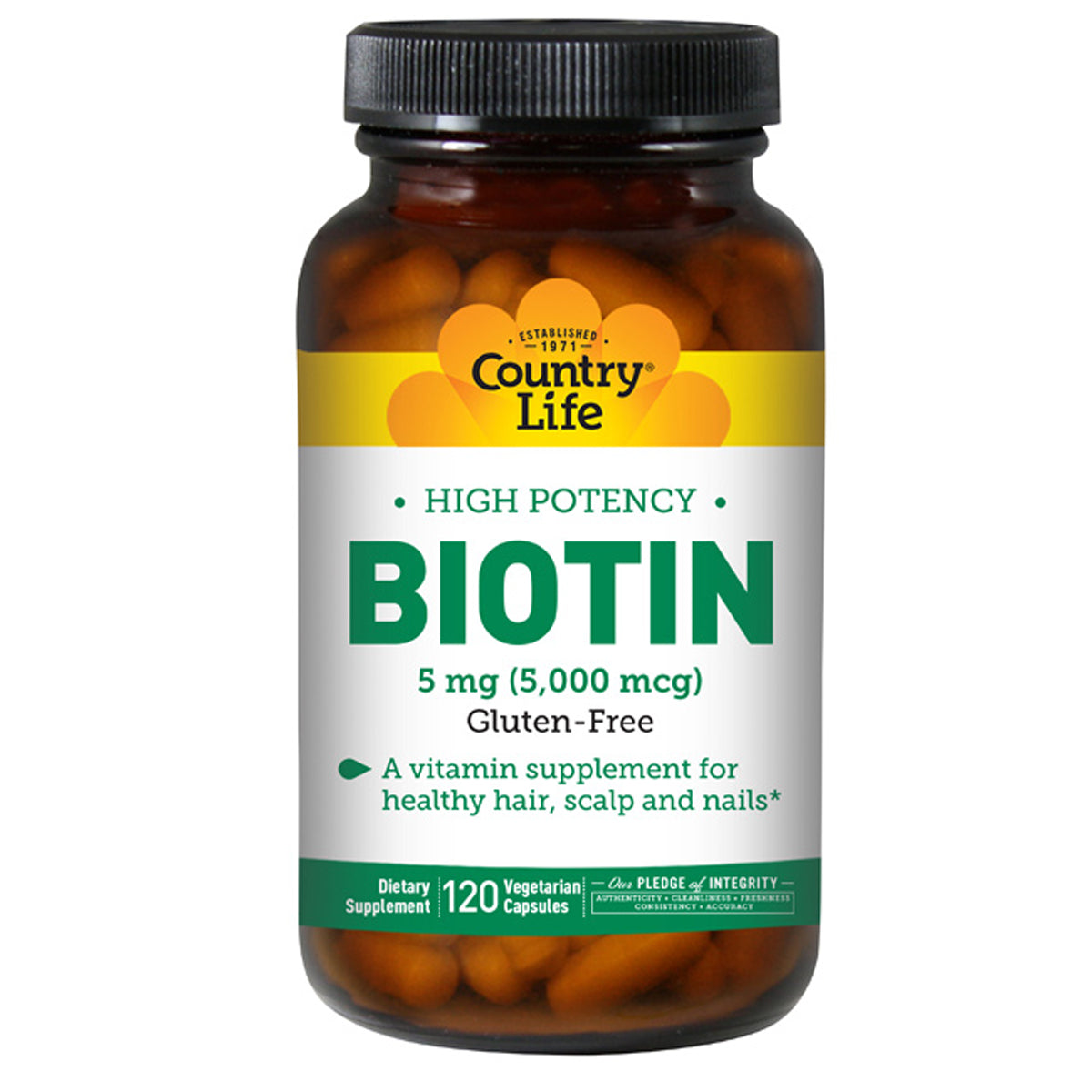 CRL600 | Country Life Biotin 5 mg (5,000 mcg) gluten-free dietary supplement bottle, 120 vegetarian capsules