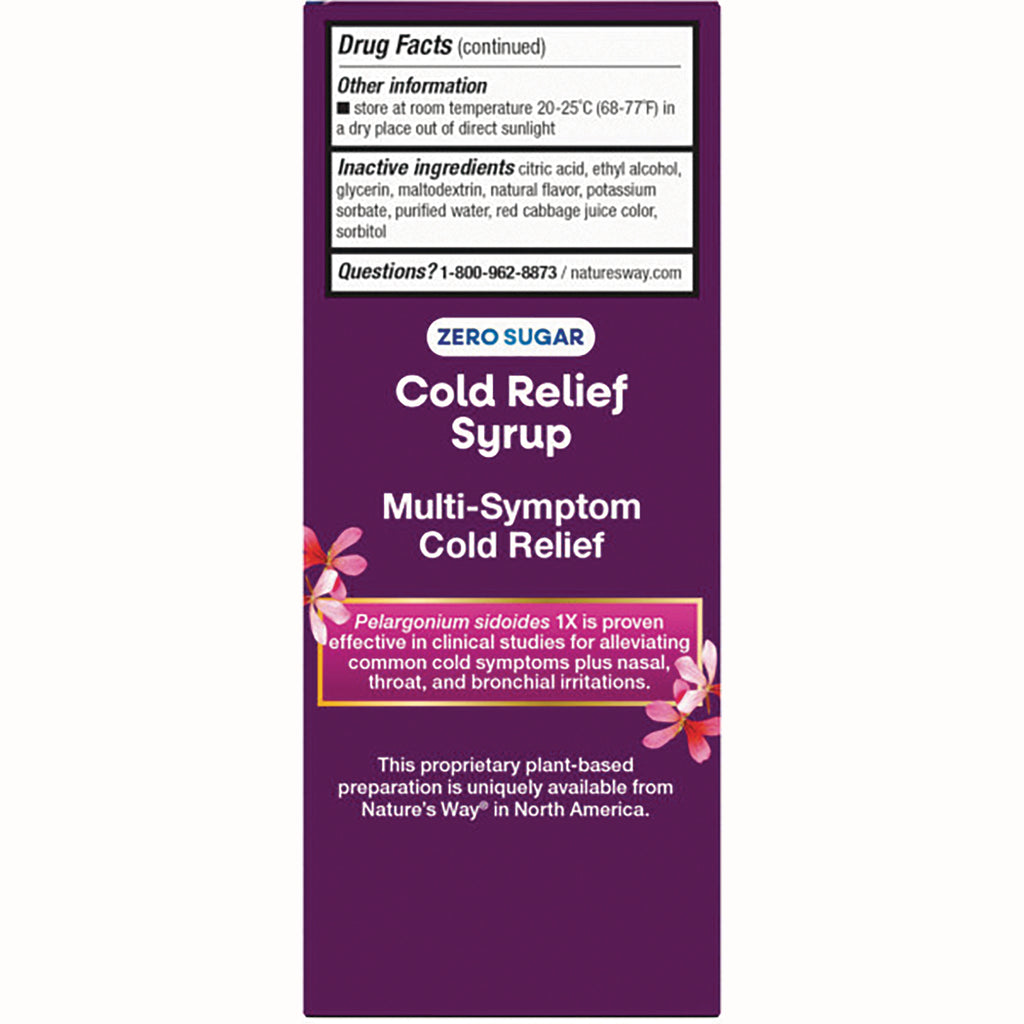 NW629 | back of purple Cold Relief Syrup box showing Drug Facts panel, inactive ingredients and multi-symptom cold relief labeling - Thumbnail