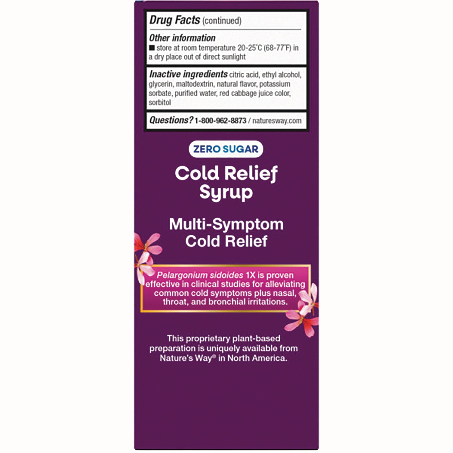 NW629 | back of purple Cold Relief Syrup box showing Drug Facts panel, inactive ingredients and multi-symptom cold relief labeling