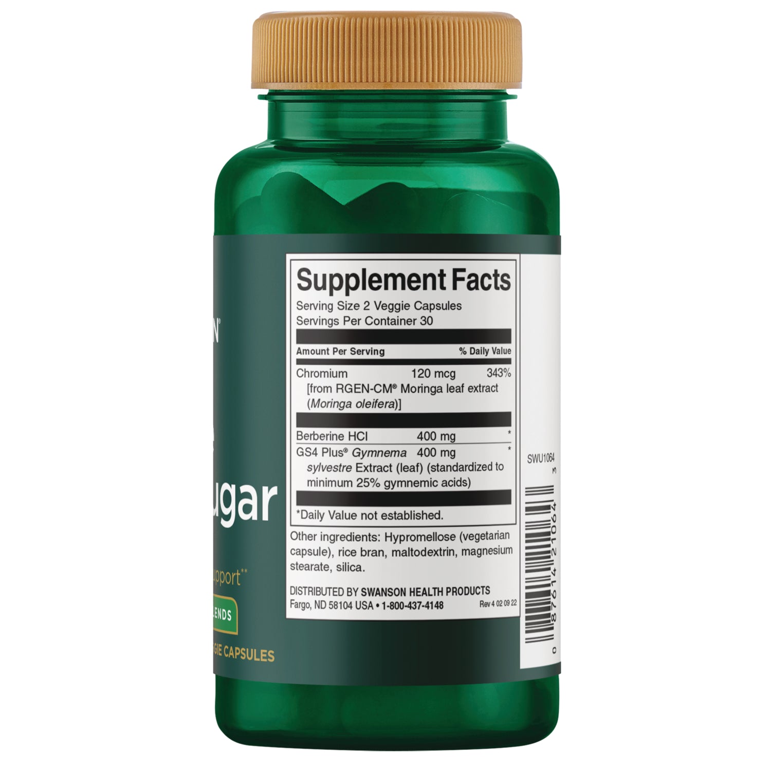 SWU1064 | Back label with Supplement Facts for veggie capsules, showing Chromium 120 mcg and Berberine HCl 400 mg