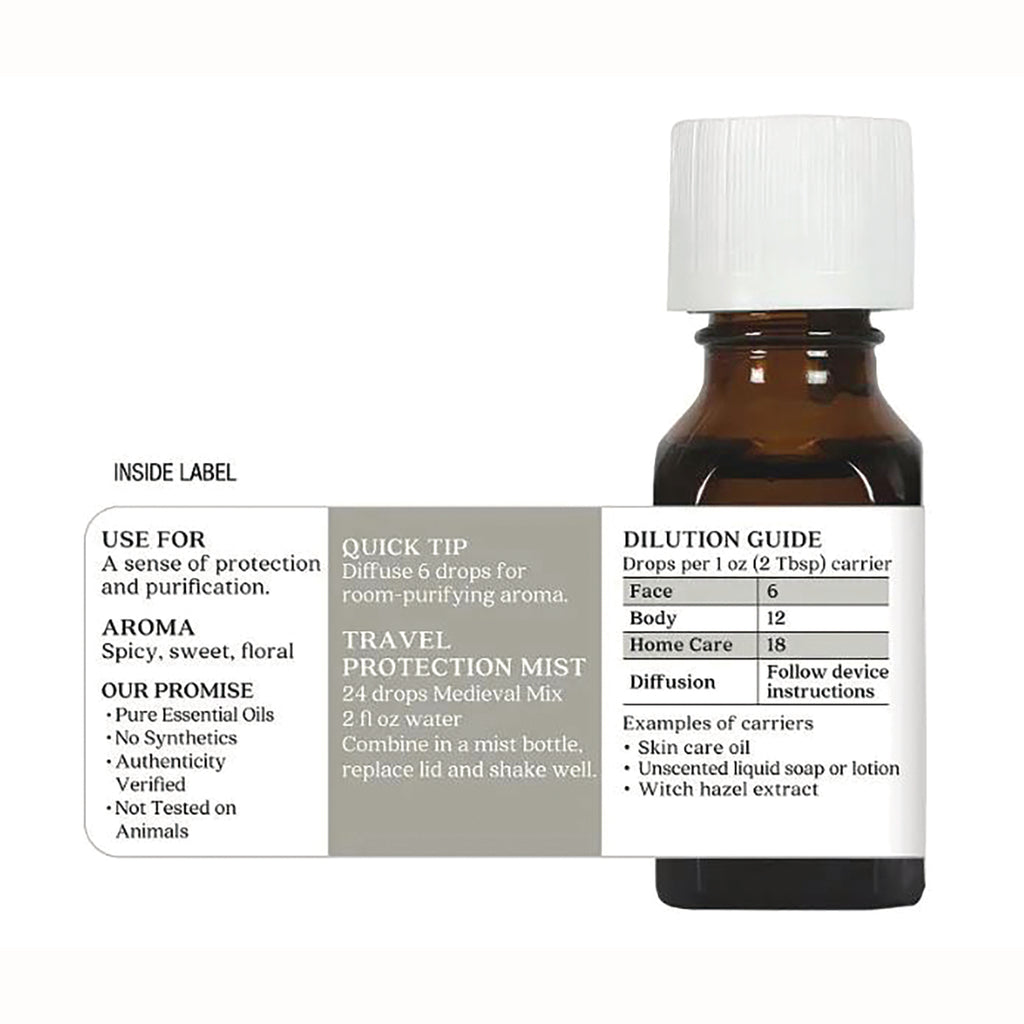 ARC067 | Back label on amber essential oil bottle showing dilution guide, travel protection mist recipe and usage info - Thumbnail