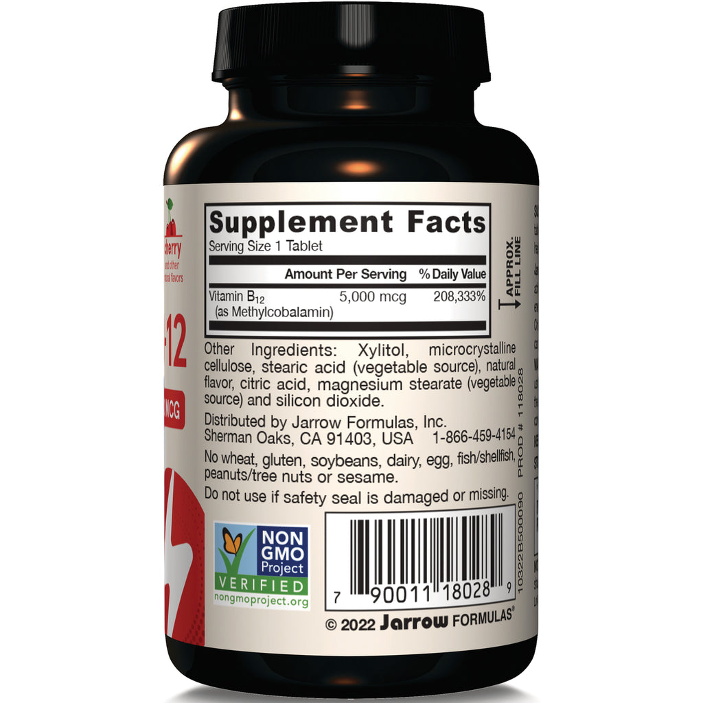 JR361 | Bottle back showing Supplement Facts panel and ingredients list, Vitamin B12 5,000 mcg - Thumbnail