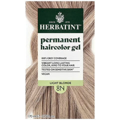 HBT007 | HERBATINT permanent haircolor gel 8N light blonde box showing partial model face and product details