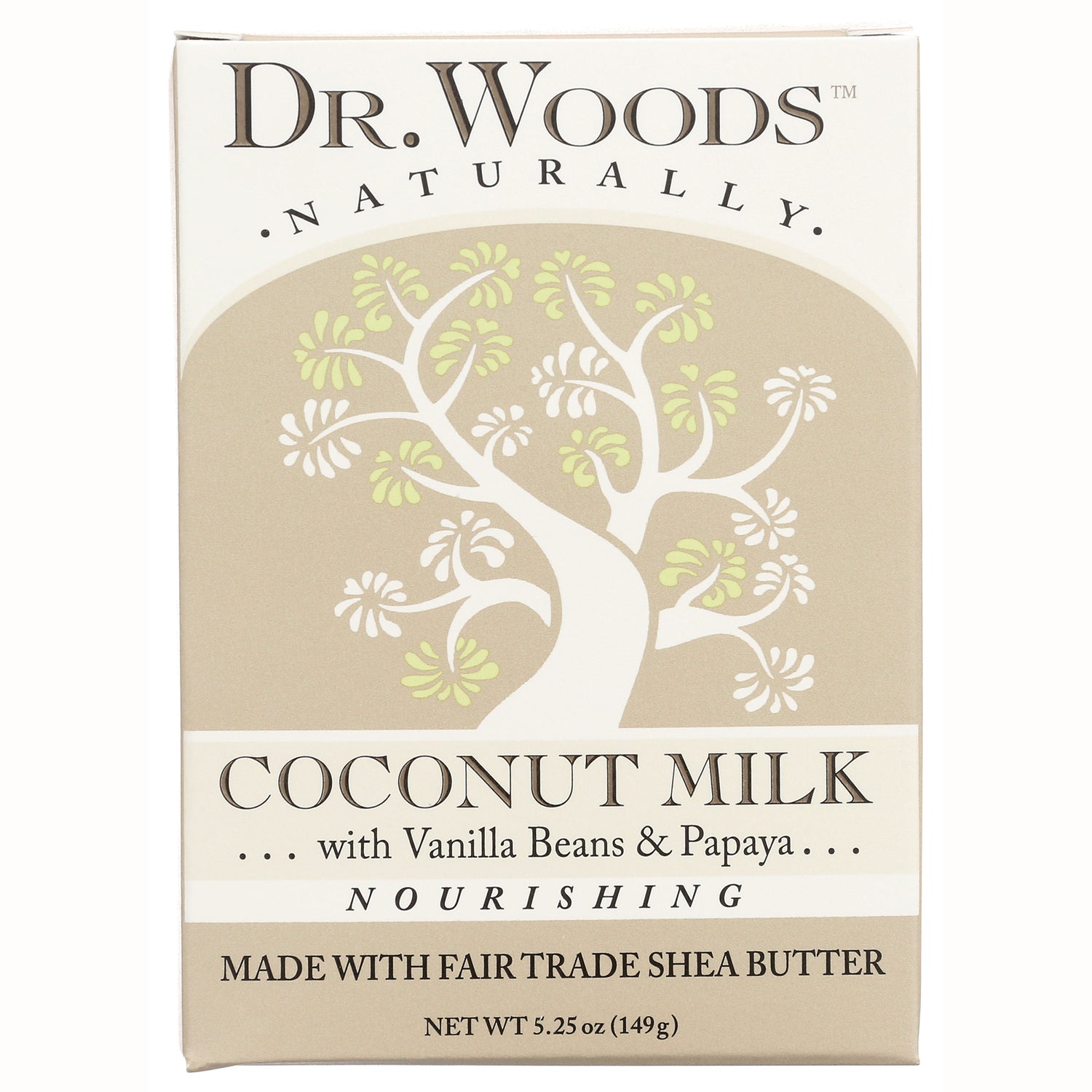 DRW013 | Dr. Woods Coconut Milk soap box front with stylized tree, labeled Coconut Milk with Vanilla Beans & Papaya, made with fair trade shea butter