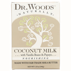 DRW013 | Dr. Woods Coconut Milk soap box front with stylized tree, labeled Coconut Milk with Vanilla Beans & Papaya, made with fair trade shea butter