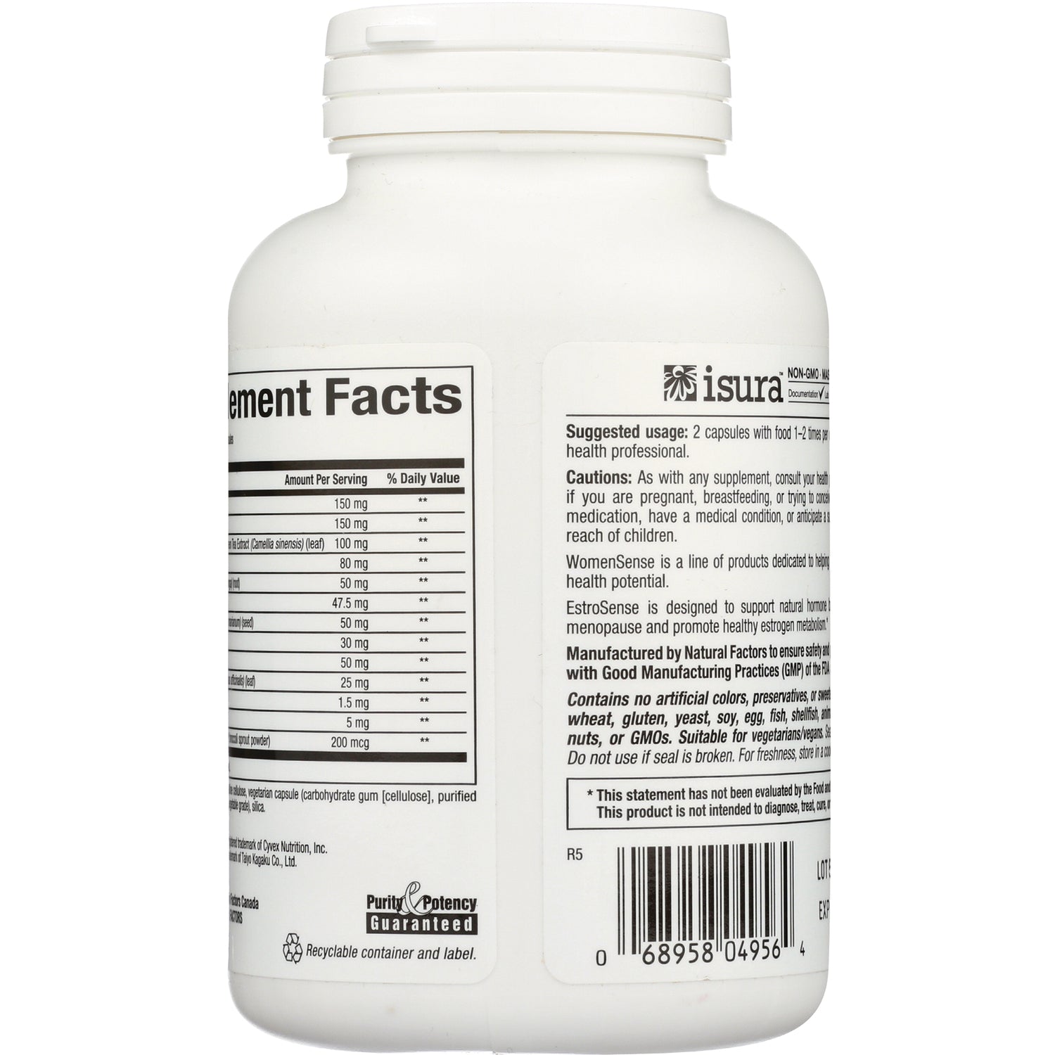 NFC111 | back of white supplement bottle showing Supplement Facts panel, cautions text, and barcode