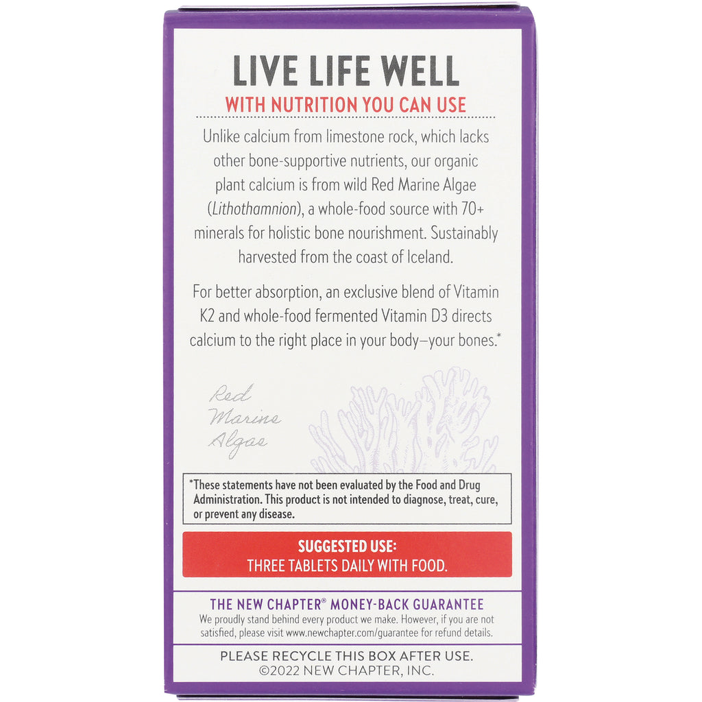 NWC152 | Back panel product infographic describing plant calcium from red marine algae and suggested use three tablets daily with food - Thumbnail