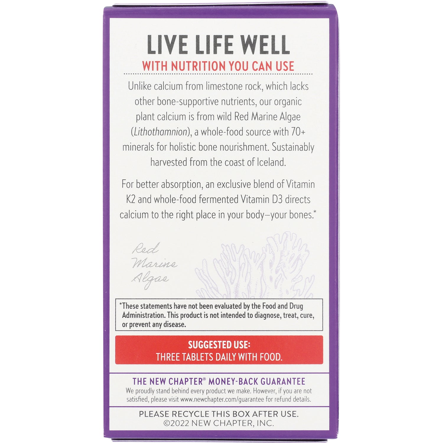 NWC152 | Back panel product infographic describing plant calcium from red marine algae and suggested use three tablets daily with food