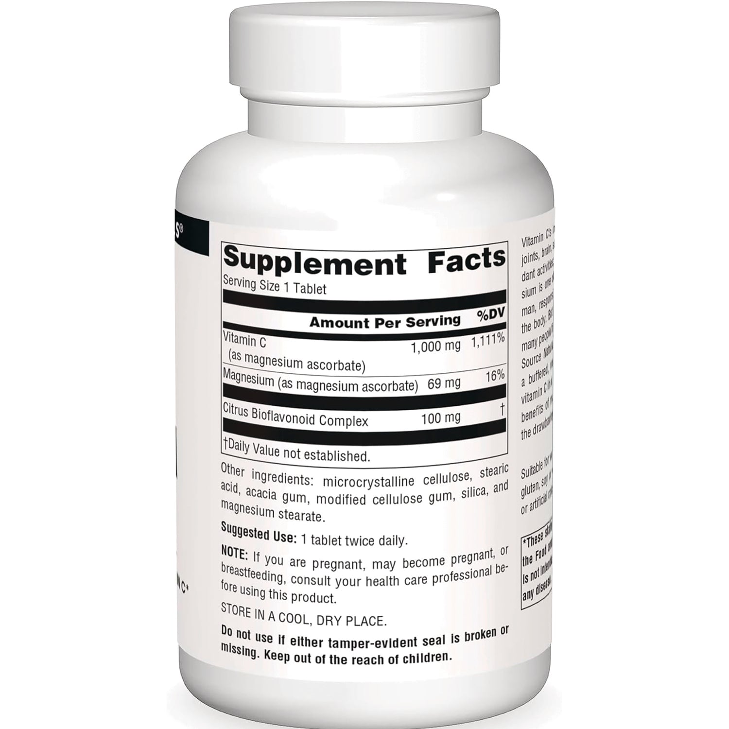 SN535 | Supplement Facts panel showing serving size 1 tablet and amounts for Vitamin C, Magnesium, and Citrus Bioflavonoid Complex