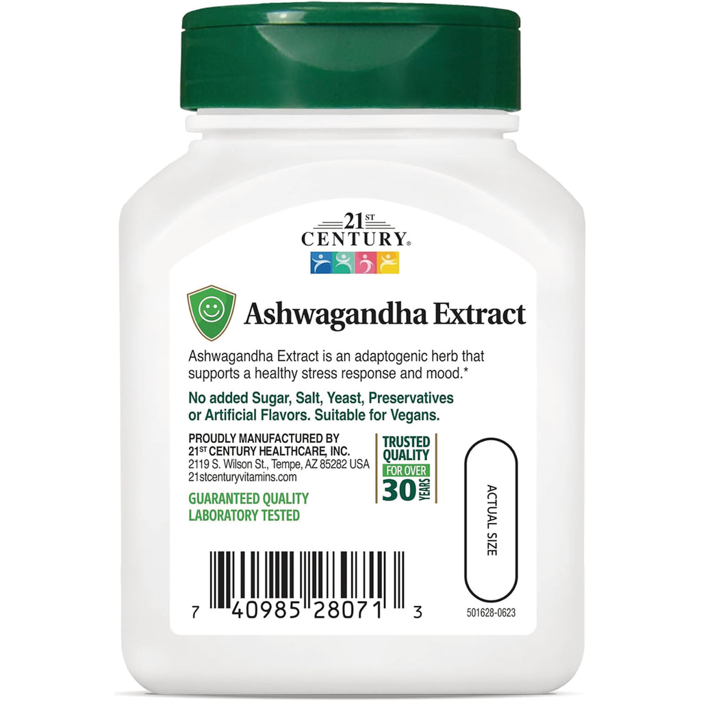 CNT291 | 21st Century Ashwagandha Extract bottle label showing product claims, guaranteed quality badge and barcode - Thumbnail