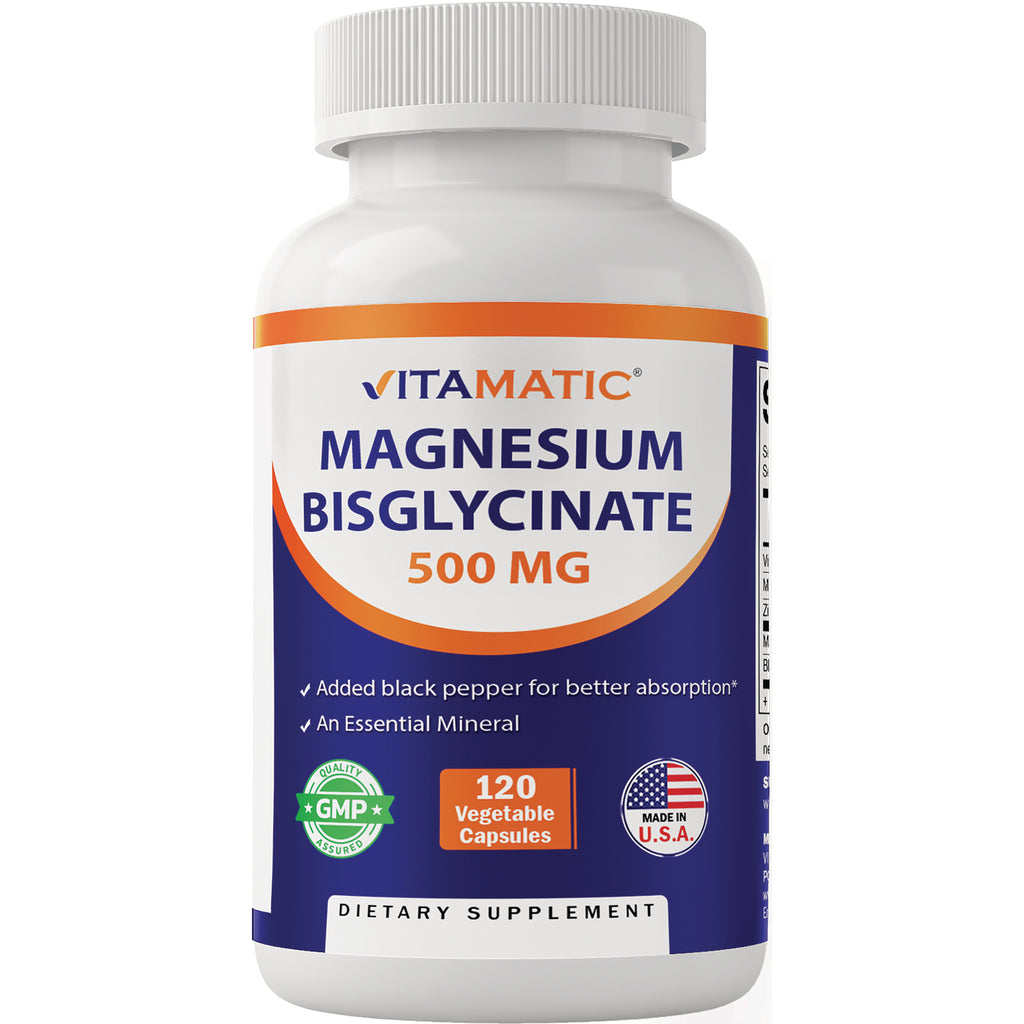 VAM015 | Vitamatic Magnesium Bisglycinate 500 mg supplement, 120 vegetable capsules bottle - Thumbnail