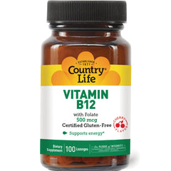 CRL148 | Country Life Vitamin B12 500 mcg lozenge bottle front, cherry flavor, 100 lozenges