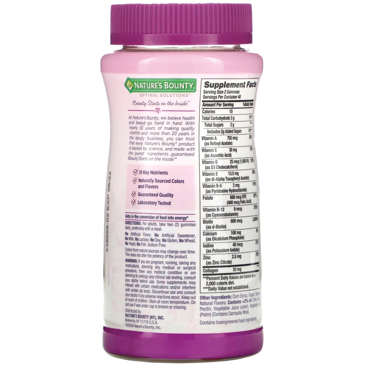 NBY107 | back of pink Nature's Bounty gummy bottle showing supplement facts, ingredients and directions