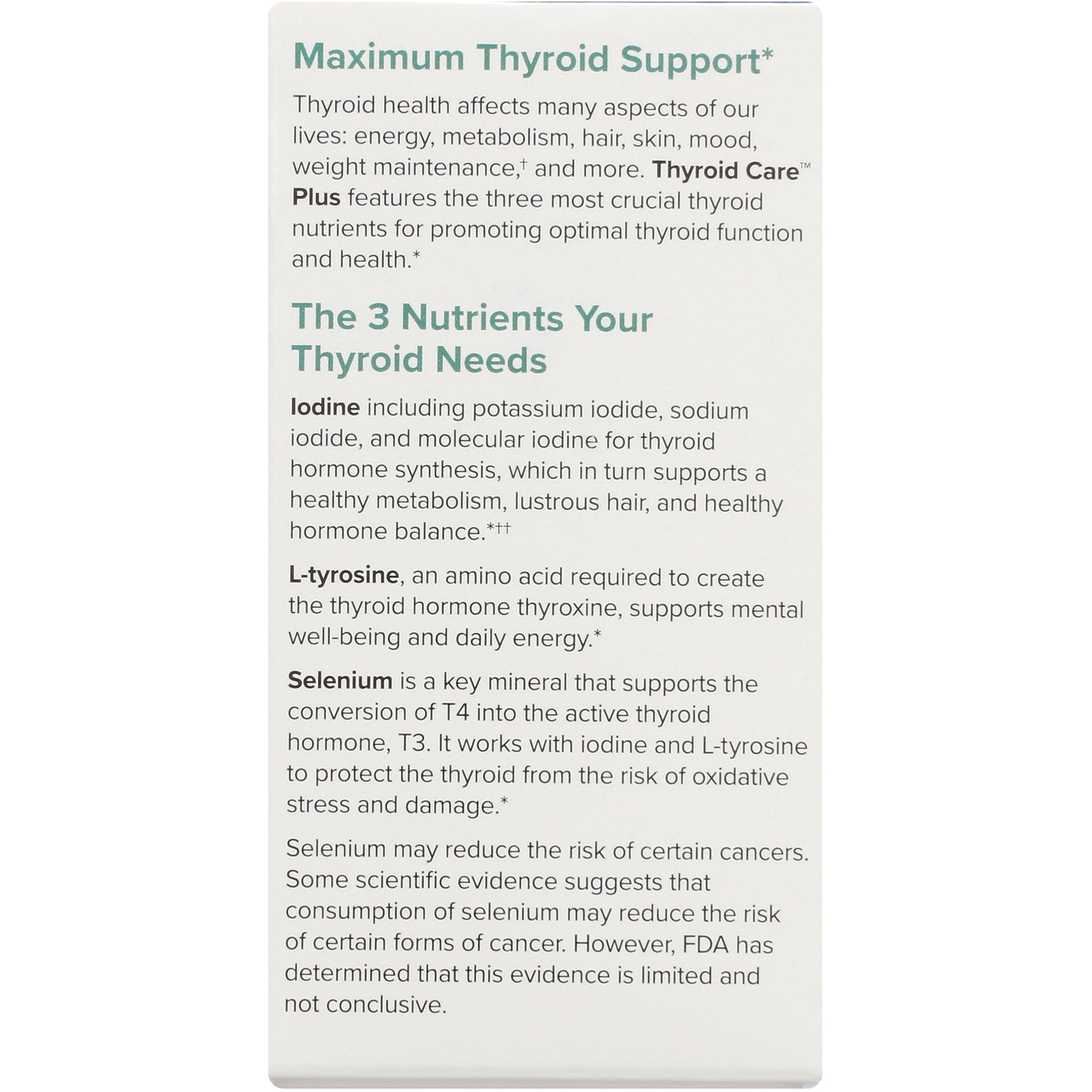 EUR059 | back panel describing maximum thyroid support and the three nutrients iodine, L-tyrosine, and selenium
