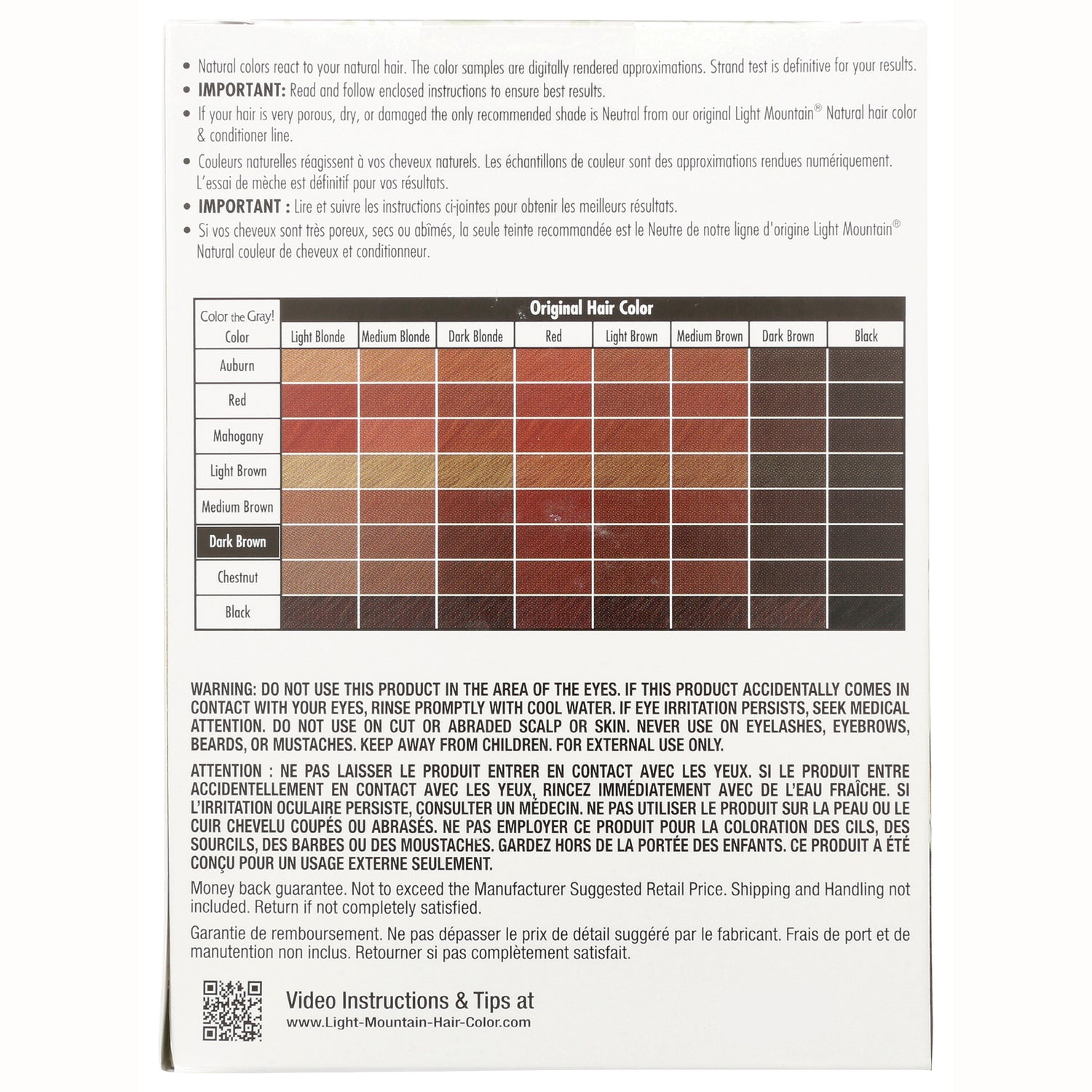 LTM006 | back of hair color box showing original hair color chart, warnings, and usage instructions