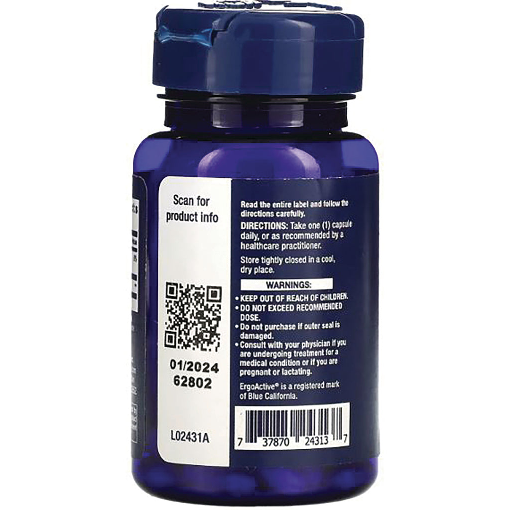 LE582 | Back of blue supplement bottle showing QR code, directions, warnings, barcode and lot number 01/2024 - Thumbnail