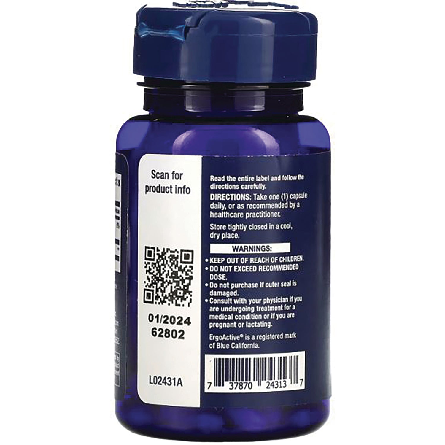 LE582 | Back of blue supplement bottle showing QR code, directions, warnings, barcode and lot number 01/2024