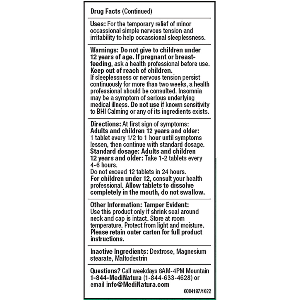 MNA030 | Back of BHI Calming Tablets box showing drug facts, directions, warnings, and inactive ingredients - Thumbnail