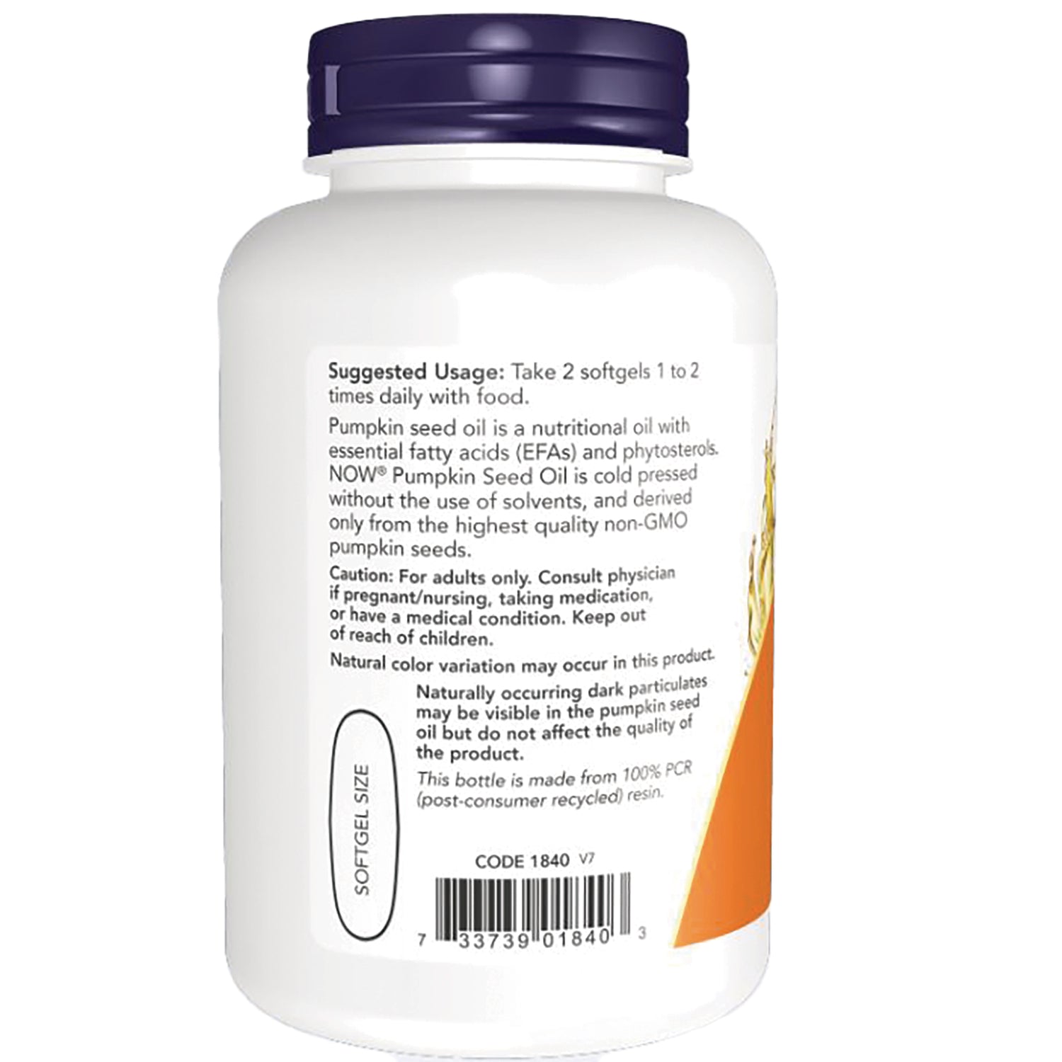 NWF377 | Back label of white supplement bottle showing suggested usage, caution statements and barcode