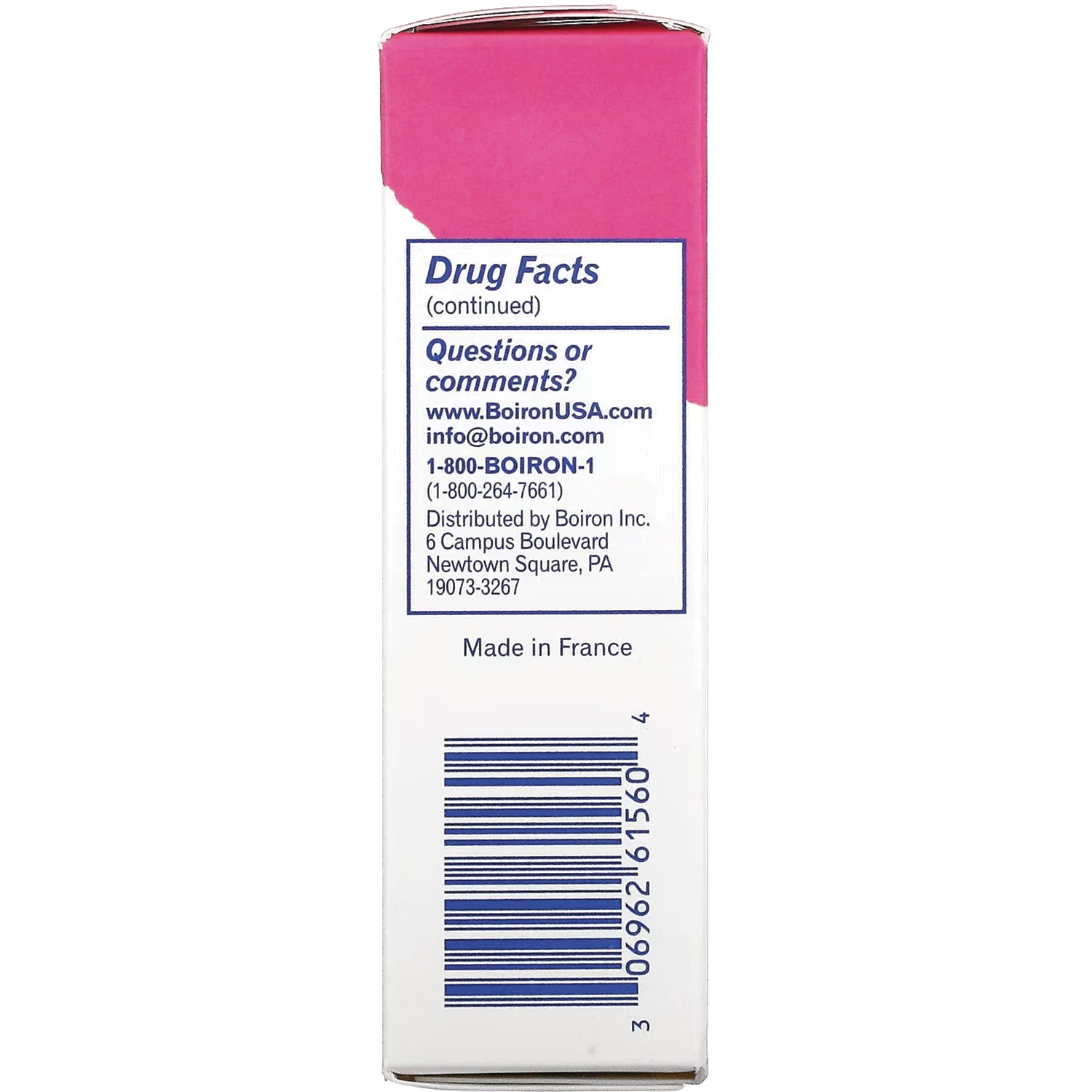 BRN025 | Back of pink and white product box showing Drug Facts panel, contact info, Made in France text and barcode
