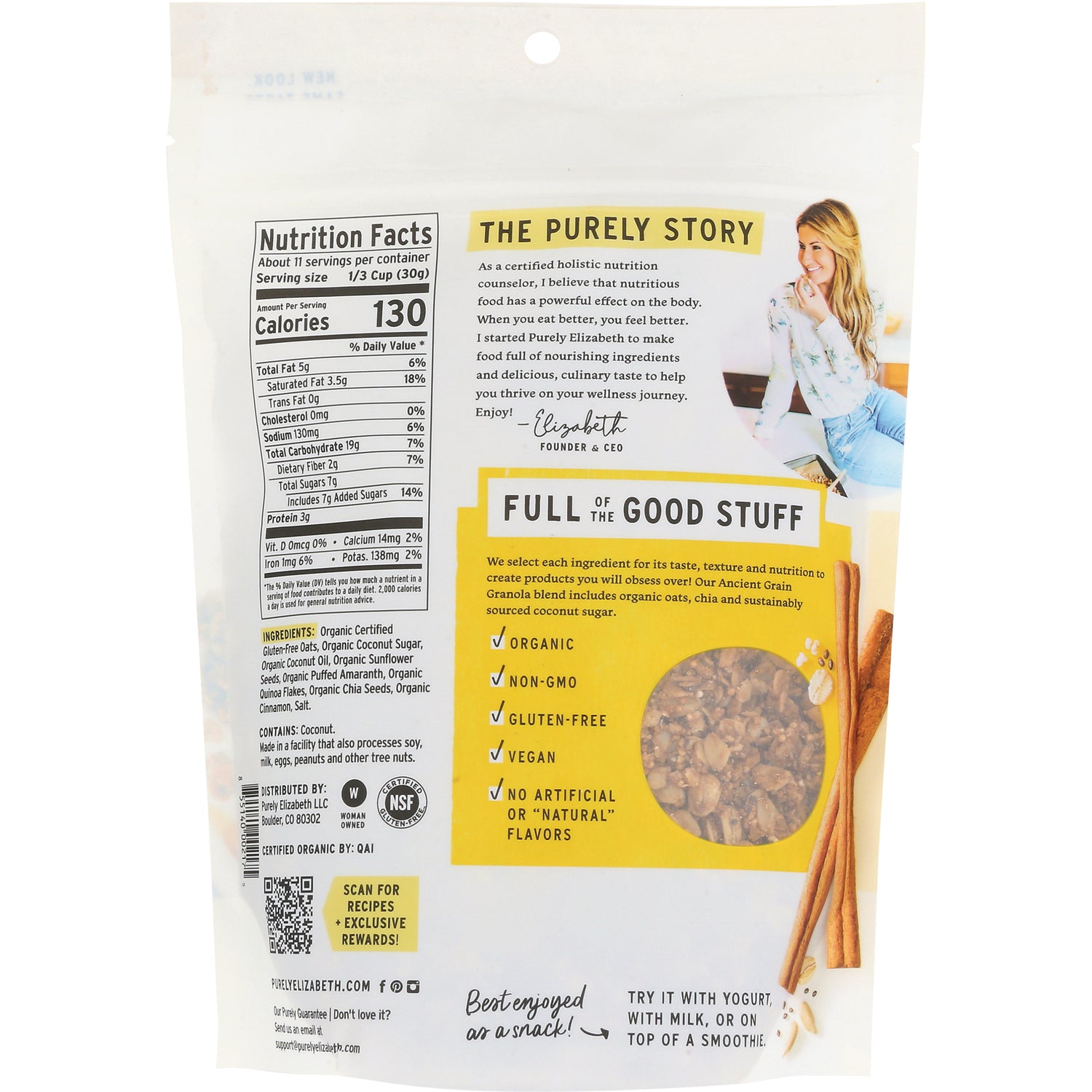 PLZ001 | Back of granola pouch showing Nutrition Facts, ingredient panel, brand story, clear window with granola and cinnamon sticks