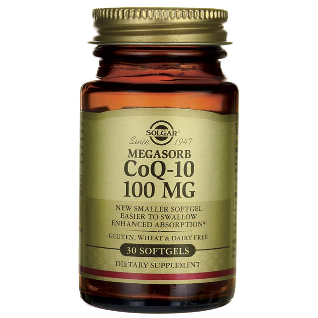 SLG312 | Solgar Megasorb CoQ-10 100 MG amber bottle with gold label reading 30 softgels dietary supplement