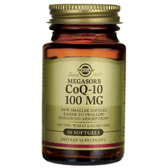 SLG312 | Solgar Megasorb CoQ-10 100 MG amber bottle with gold label reading 30 softgels dietary supplement