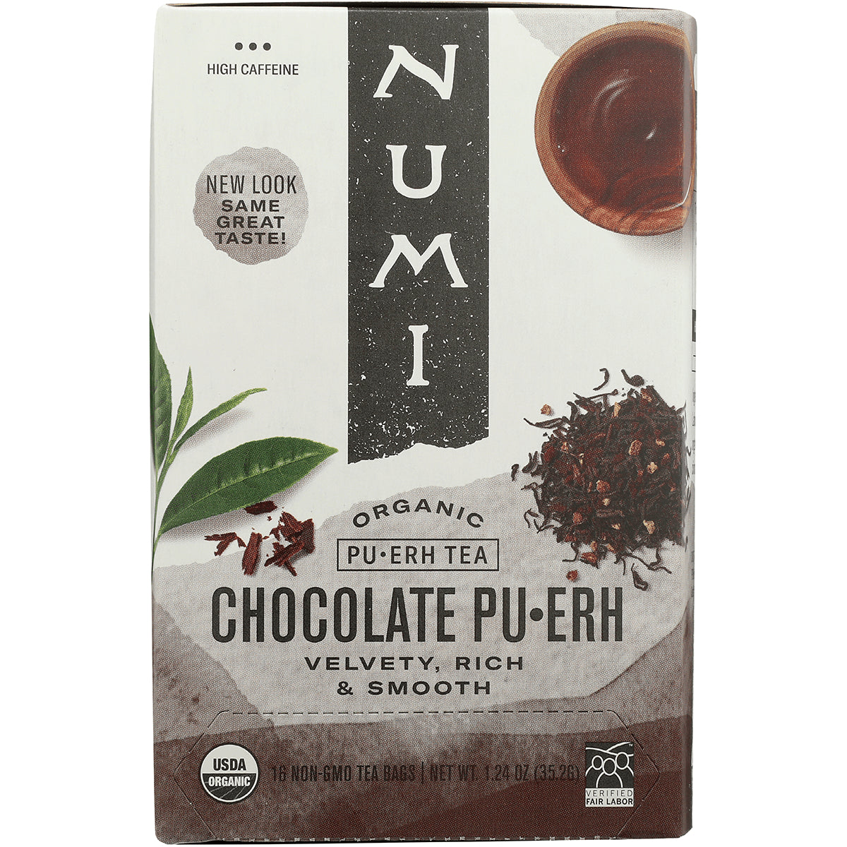 NUM004 | Numi Chocolate Pu-erh organic tea box front showing tea leaves, loose tea, and a cup