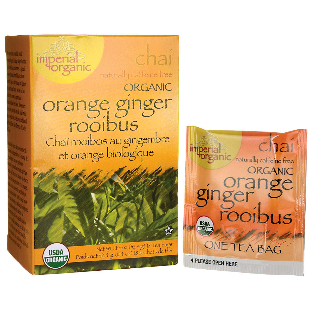 UL025 | Imperial Organic Orange Ginger Rooibos Chai tea, box and single tea bag, USDA Organic