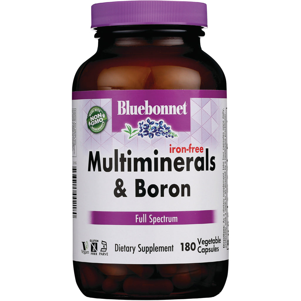 BLU082 | Bluebonnet Multiminerals & Boron iron-free supplement bottle, Full Spectrum, 180 vegetable capsules - Thumbnail
