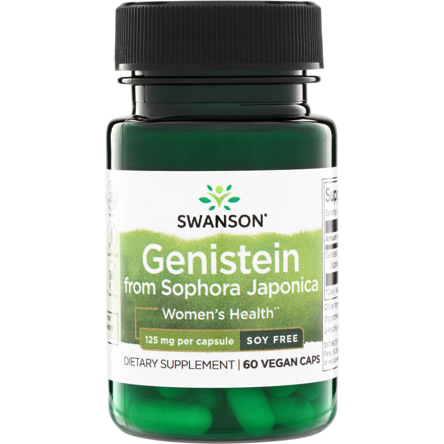 SWU872 | Swanson Genistein from Sophora Japonica supplement bottle, 125 mg per capsule, Soy Free, 60 vegan caps
