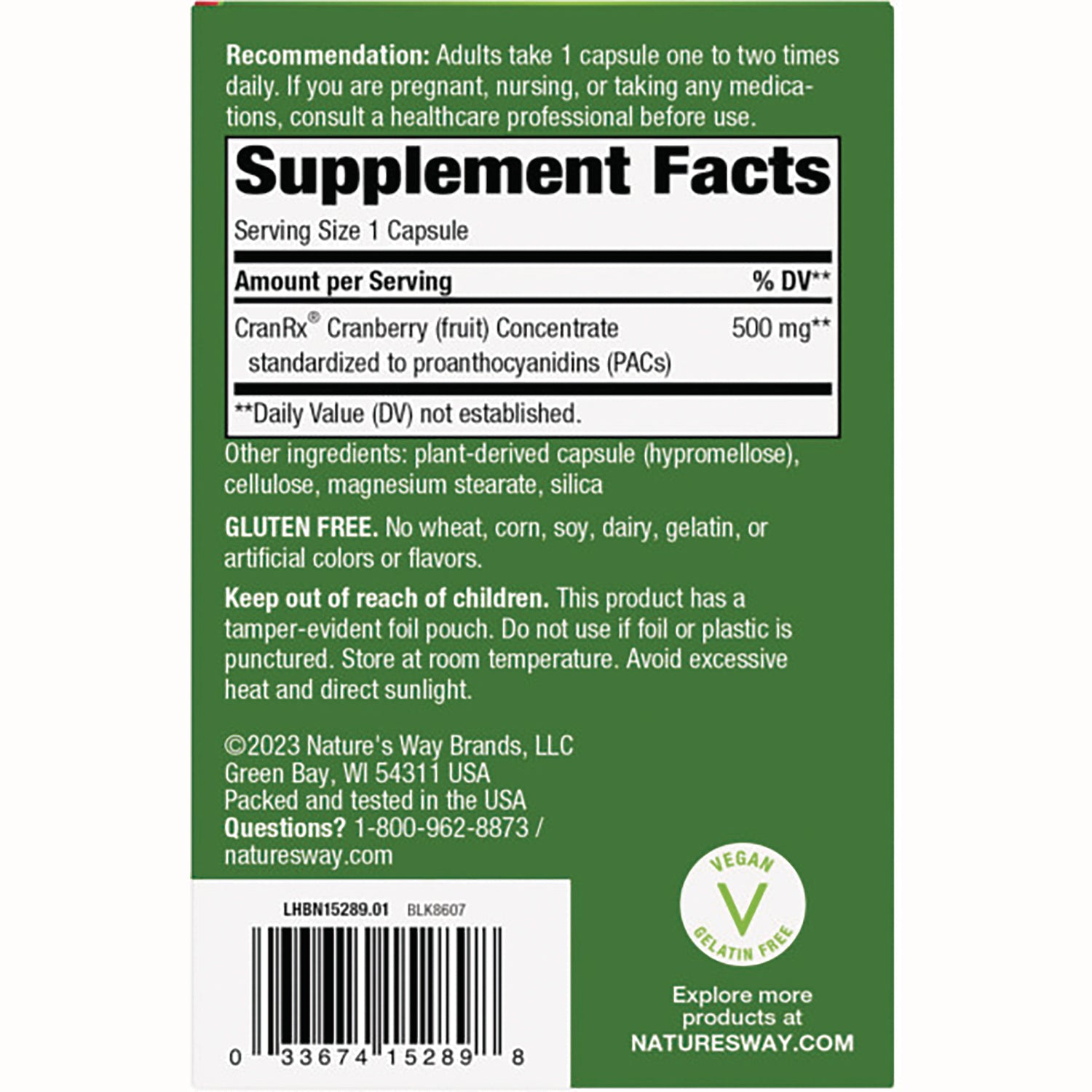 NW679 | Back panel with Supplement Facts showing serving size 1 capsule, CranRx cranberry concentrate 500 mg, gluten free vegan badge