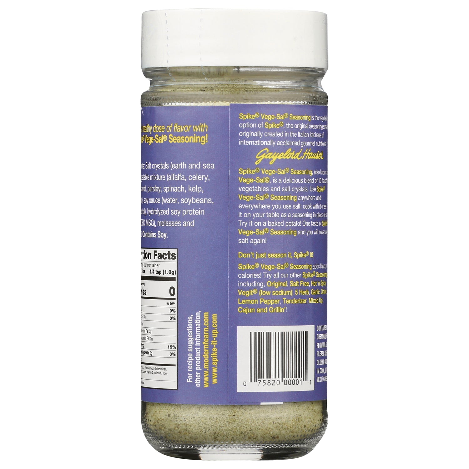 MPR003 | Back of glass seasoning bottle showing nutrition facts panel, ingredients text and barcode on purple label