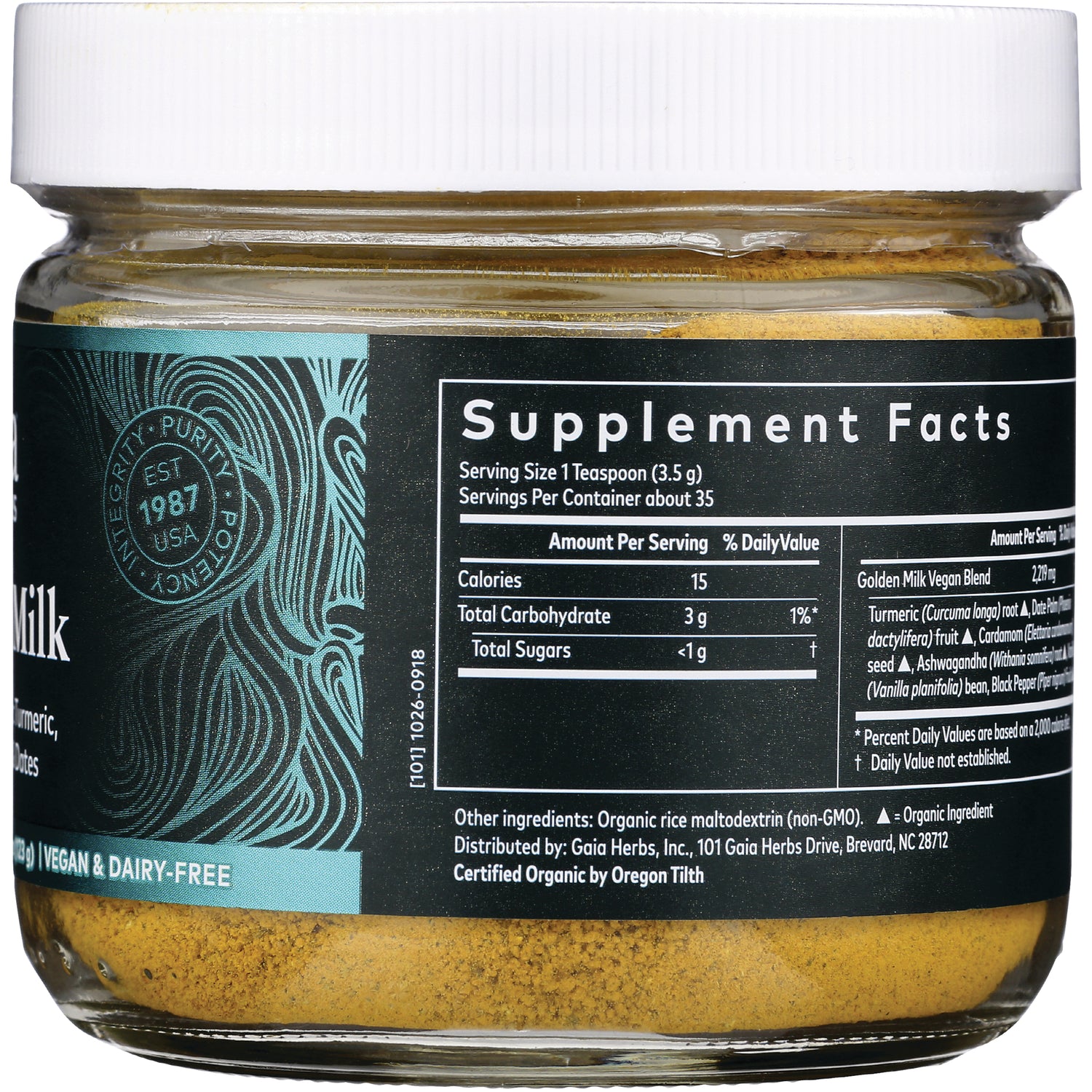 GH117 | Back of glass jar showing Supplement Facts panel and ingredient list for golden milk powder