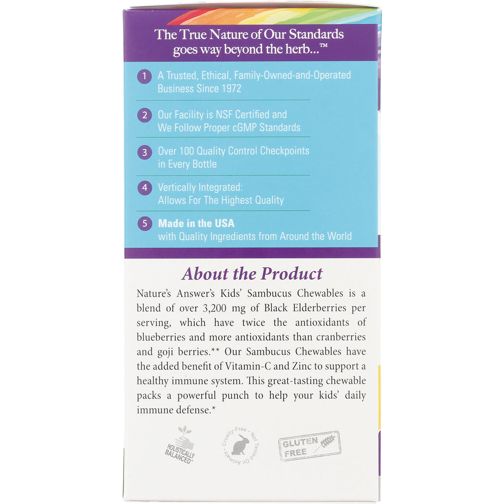 NAT404 | back of children's Sambucus chewables box showing About the Product text and quality claims - Thumbnail