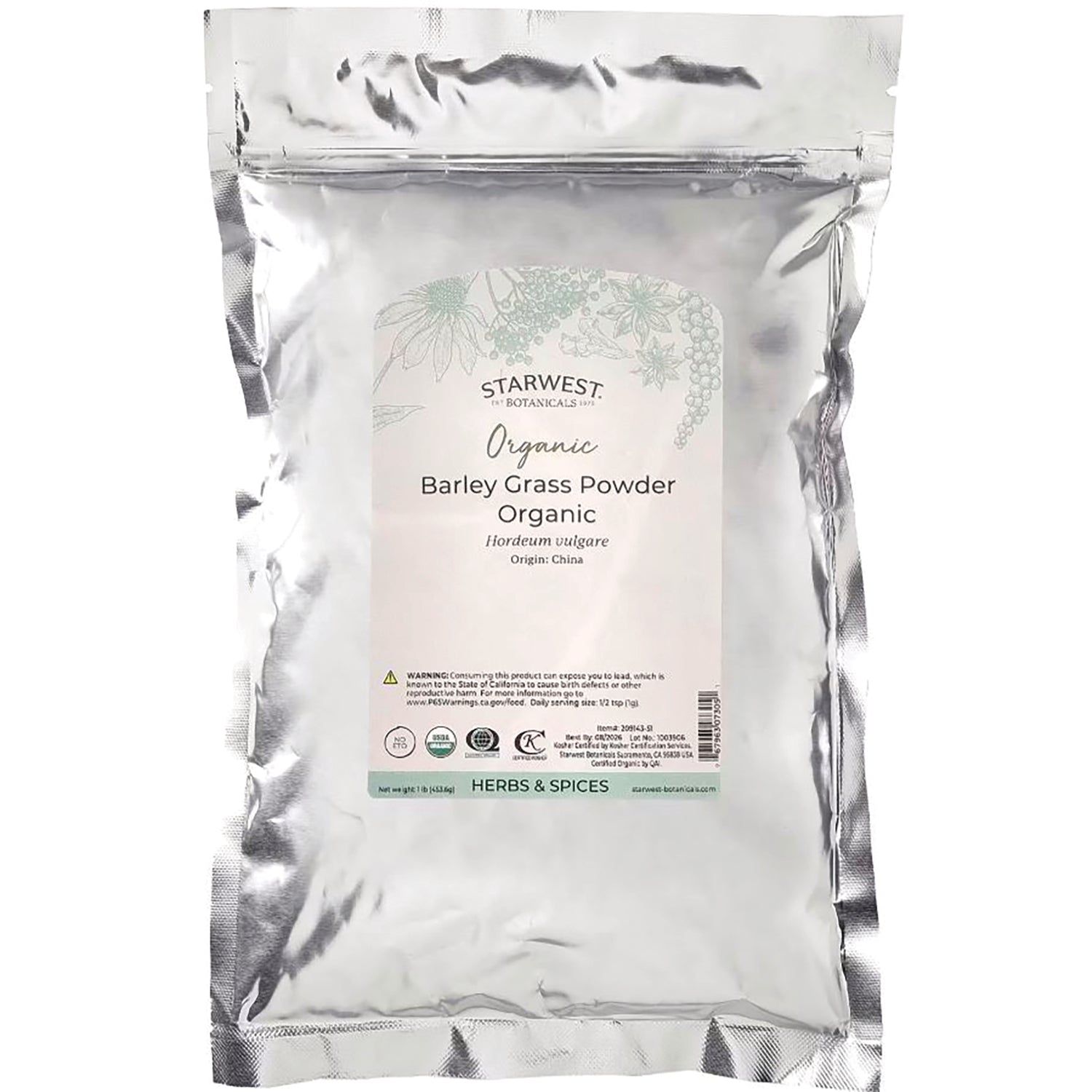 STB004 | Starwest Botanicals Organic Barley Grass Powder front pouch