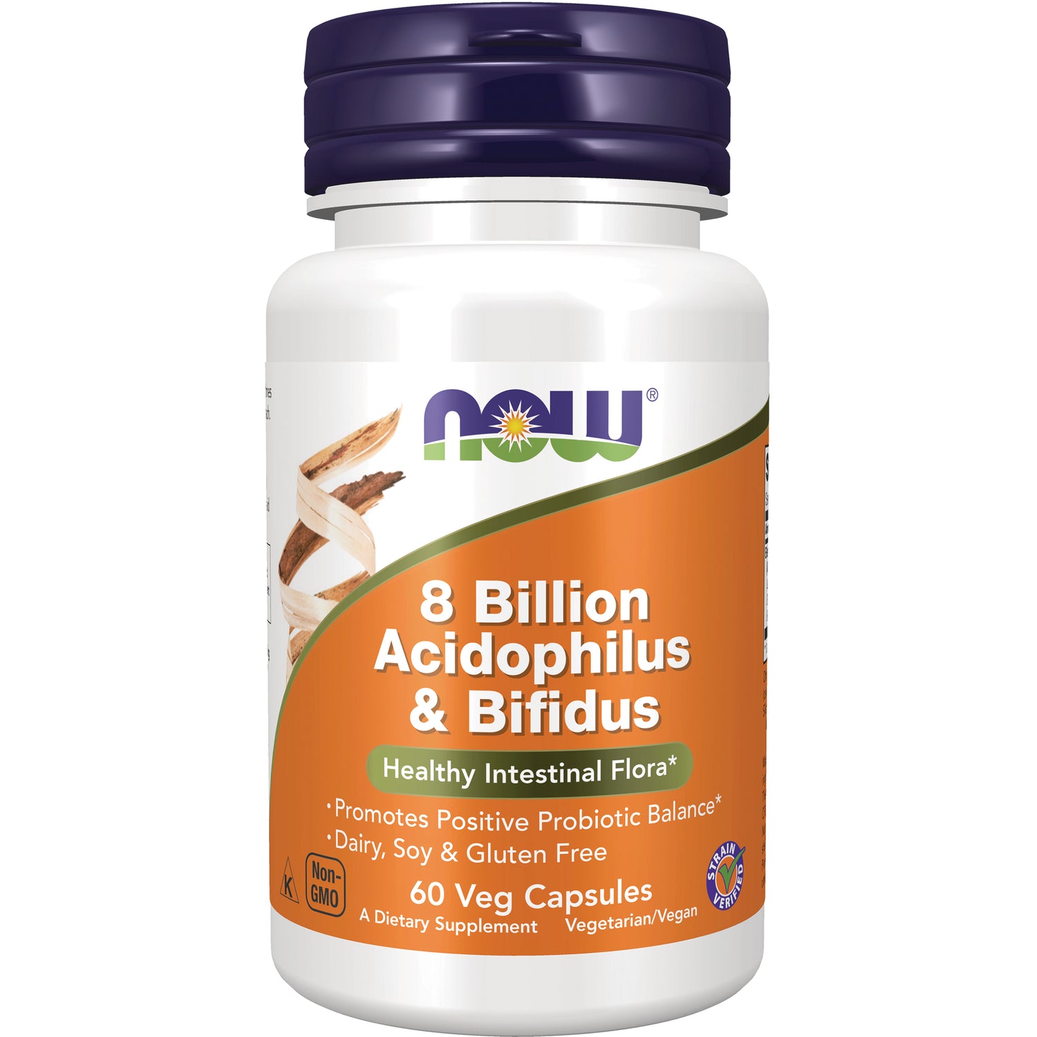 White supplement bottle labeled 8 Billion Acidophilus & Bifidus Healthy Intestinal Flora 60 Veg Capsules