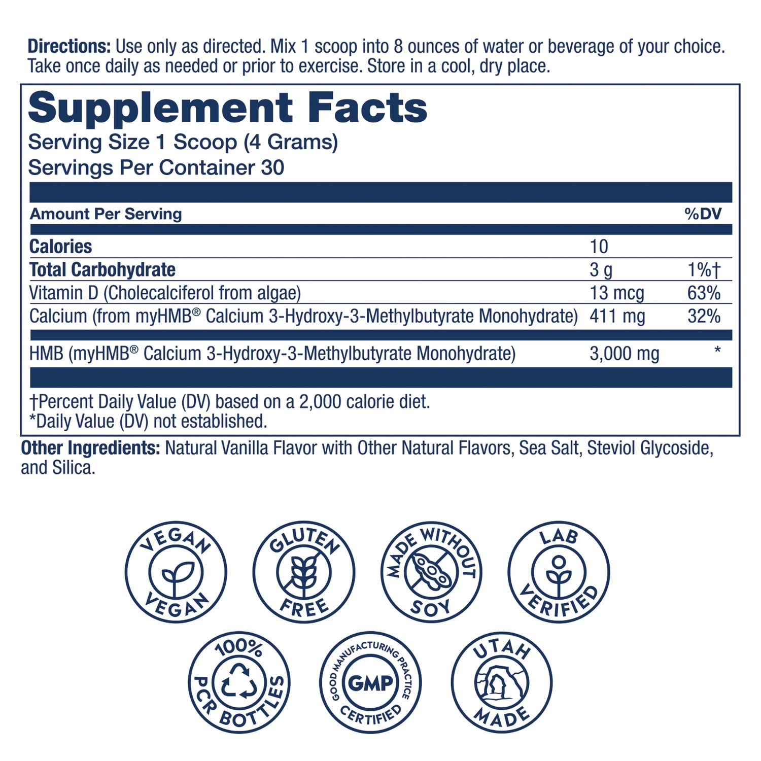 SLR540 | Supplement Facts label with serving size, nutrient amounts, other ingredients and icons for vegan, gluten free, no soy, lab verified