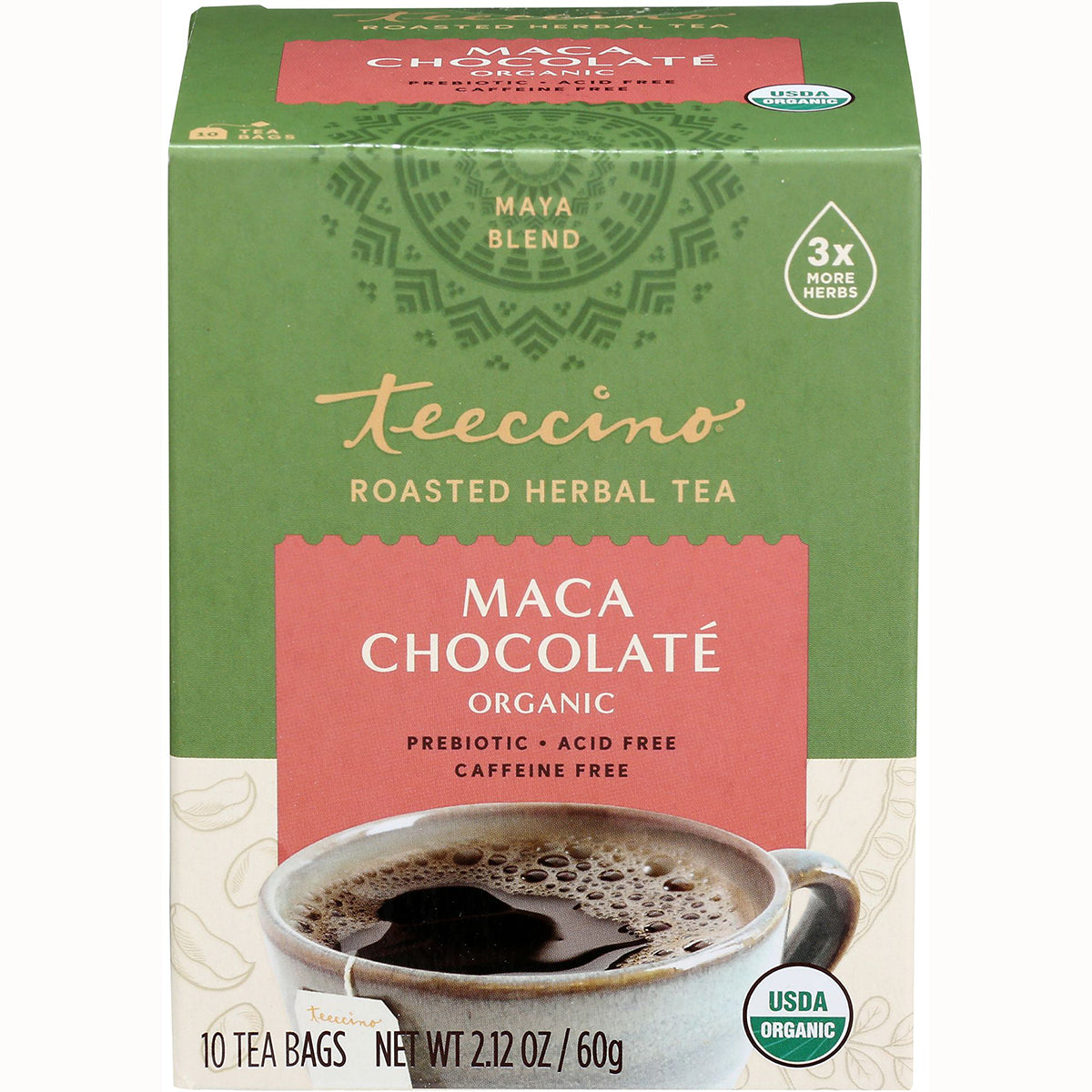 TCN012 | Teeccino Roasted Herbal Tea Maca Chocolate organic box front, 10 tea bags, prebiotic, acid free, caffeine free
