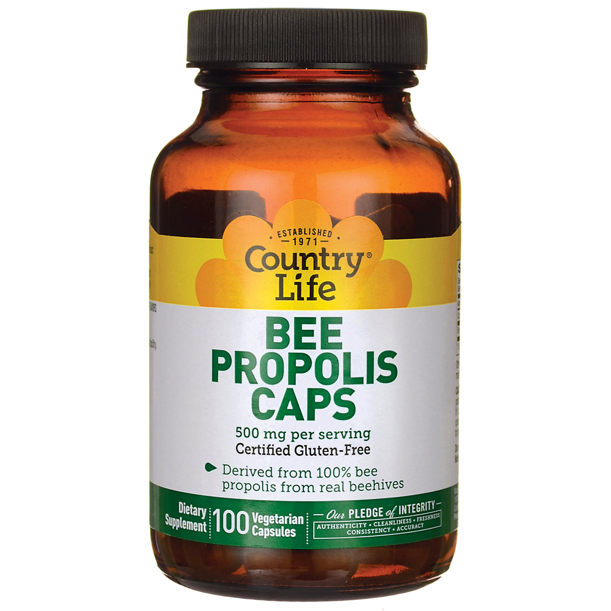 CRL406 | Amber bottle labeled Country Life BEE PROPOLIS CAPS, 100 vegetarian capsules, 500 mg per serving
