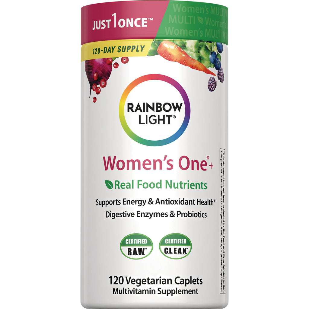 RBL169 | Rainbow Light Women's One+ multivitamin bottle, 120 vegetarian caplets, Real Food Nutrients label - Thumbnail