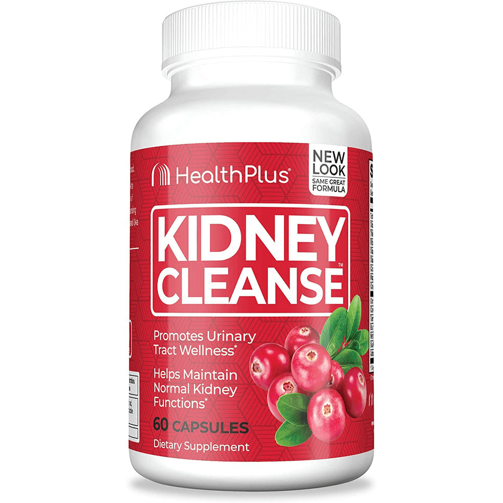 HP005 | HealthPlus Kidney Cleanse dietary supplement bottle, red label showing cranberry illustration, 60 capsules - Thumbnail