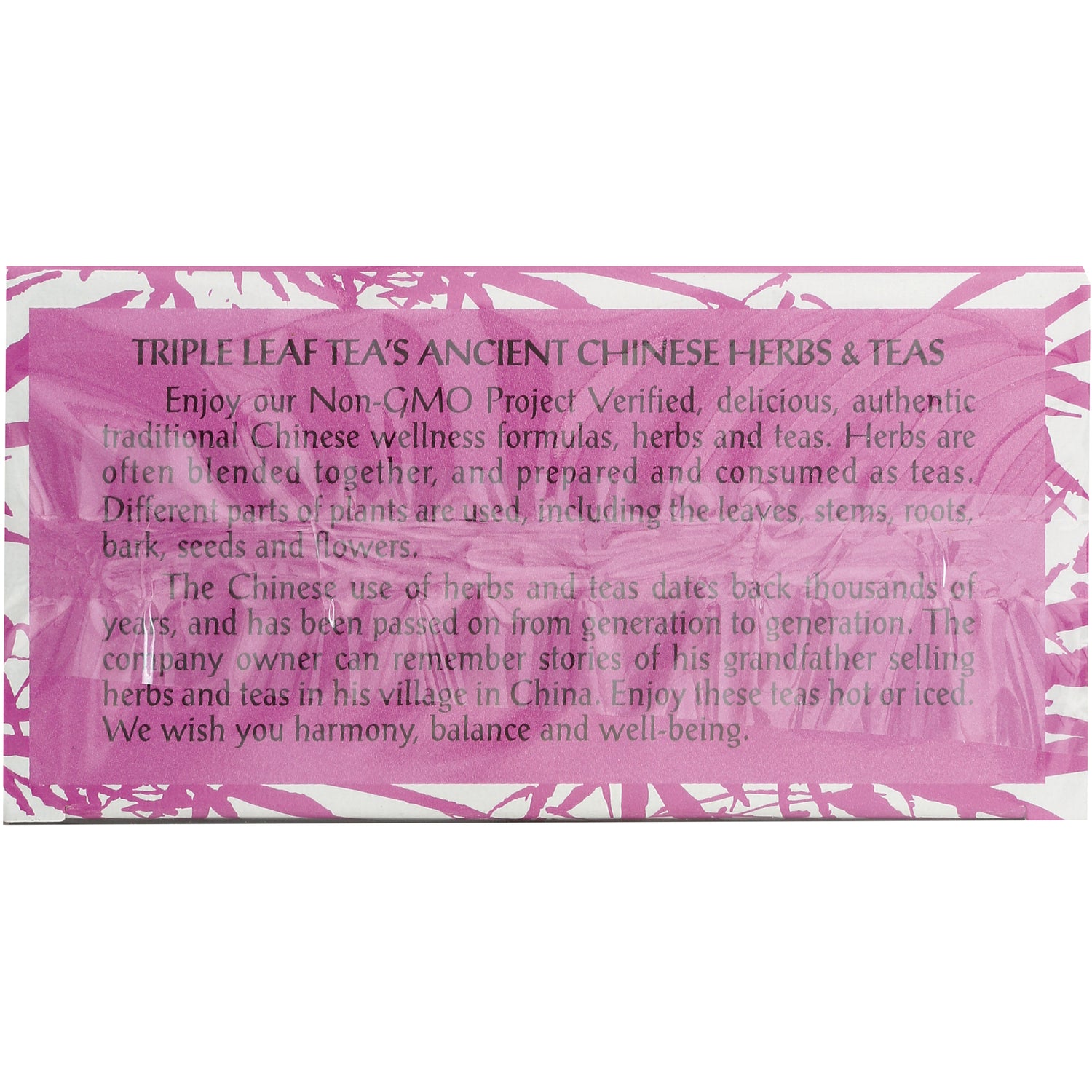 TLT024 | Back panel with story text: Triple Leaf Teas Ancient Chinese Herbs & Teas, NonGMO Project Verified