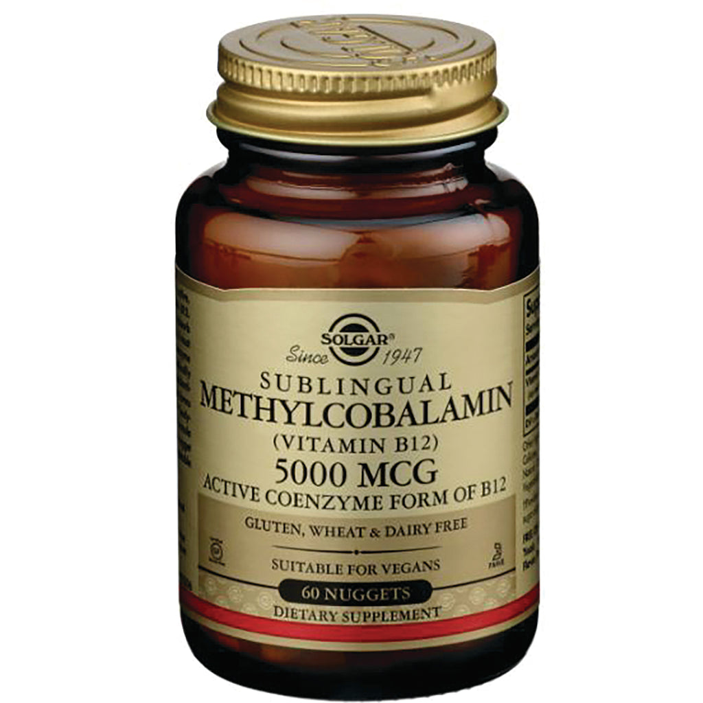 SLG348 | Amber glass bottle of Solgar Sublingual Methylcobalamin (Vitamin B12) 5000 MCG front label, 60 nuggets - Thumbnail
