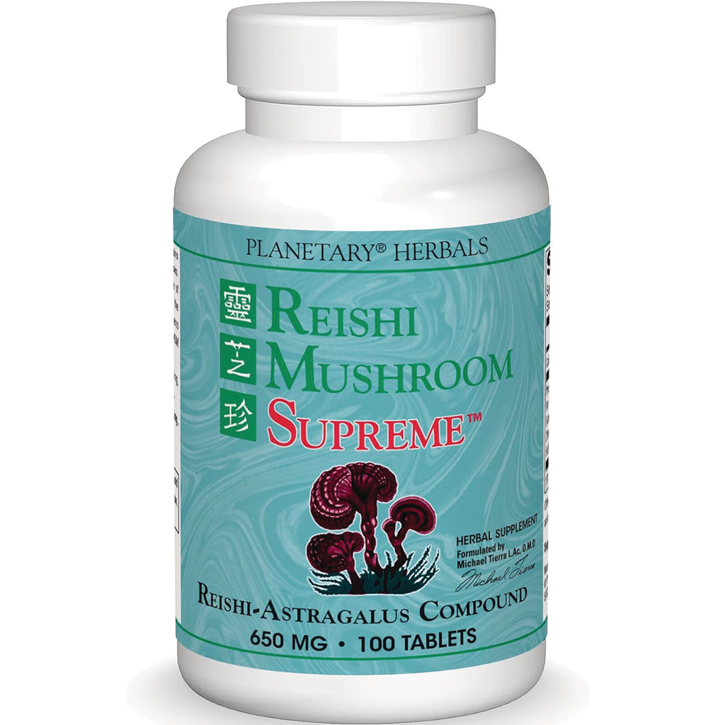 PF127 | White bottle labeled Planetary Herbals Reishi Mushroom Supreme, 650 mg, 100 tablets - Thumbnail