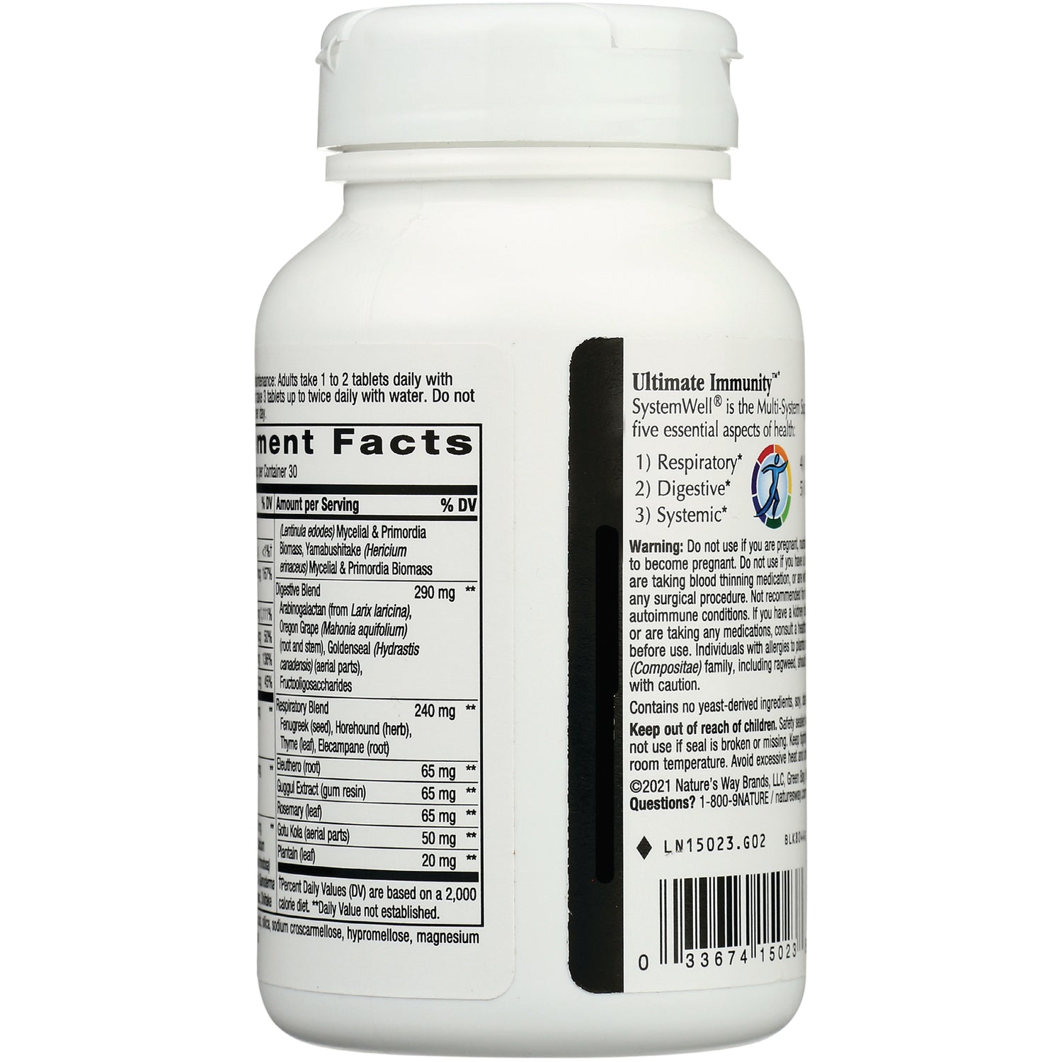 NW574 | back of white supplement bottle showing Supplement Facts panel, warnings, and barcode